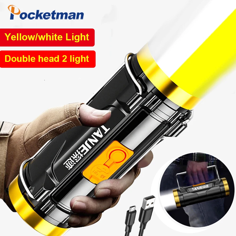 

Newest Yellow And White Dual Light Source Flashlight Lanterna Outdoor USB rechargeable Led Spotlight Portable Searchlight