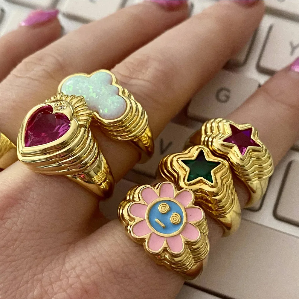 

jewelry INS blogger with the same sweet star multicolor zircon shell multilayer ring couple ring wholesale whole sale wholesale