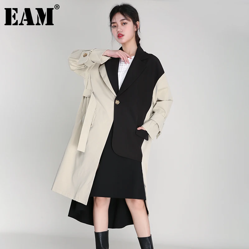 

[EAM] Women Khaki Big Size Asymmetrical Trench New Lapel Long Sleeve Loose Fit Windbreaker Fashion Spring Autumn 2021 1K91204