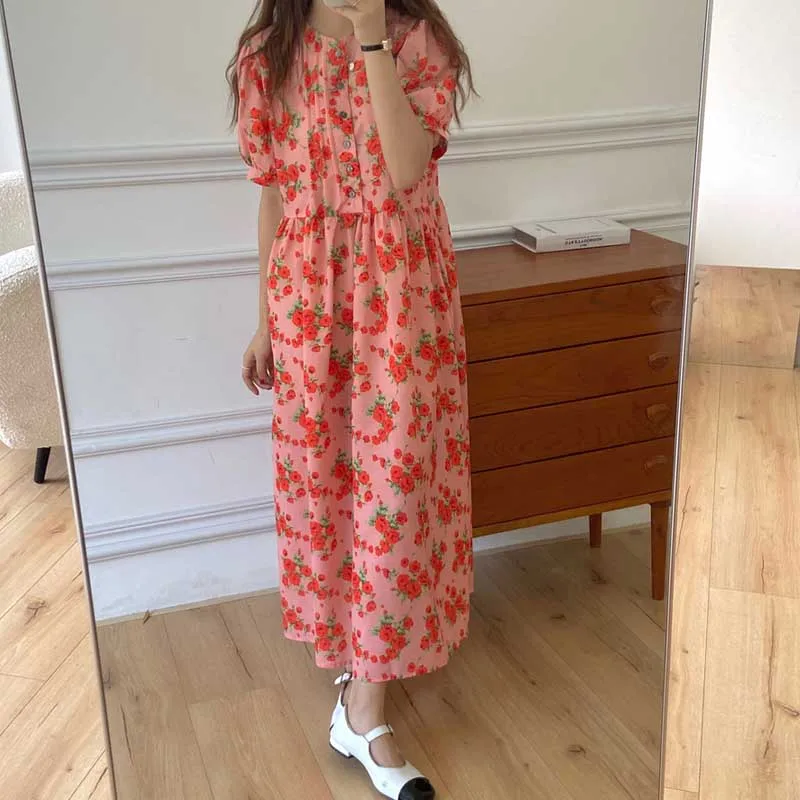 

2021 Printed Floral Women'S Summer Dresses Single-Breasted Hedging Short Sleeve Dress Korean Ladies Elegant Fashion New Dress