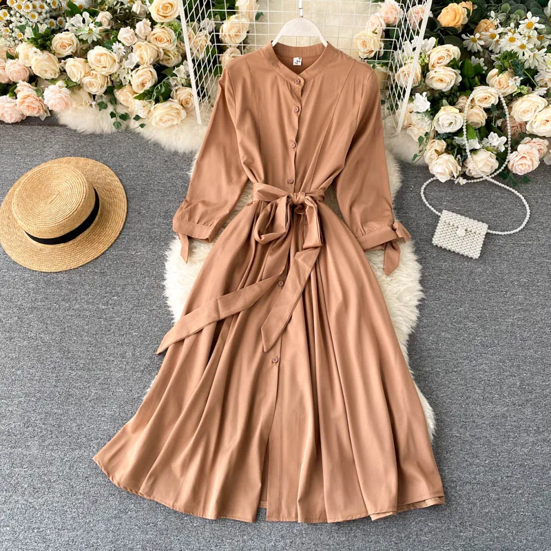 SINGRAIN Elegant Solid Women Dress Autumn Stand Collar Breasted Long Sleeve Lace up French Casual Streetwear A-line | Женская одежда