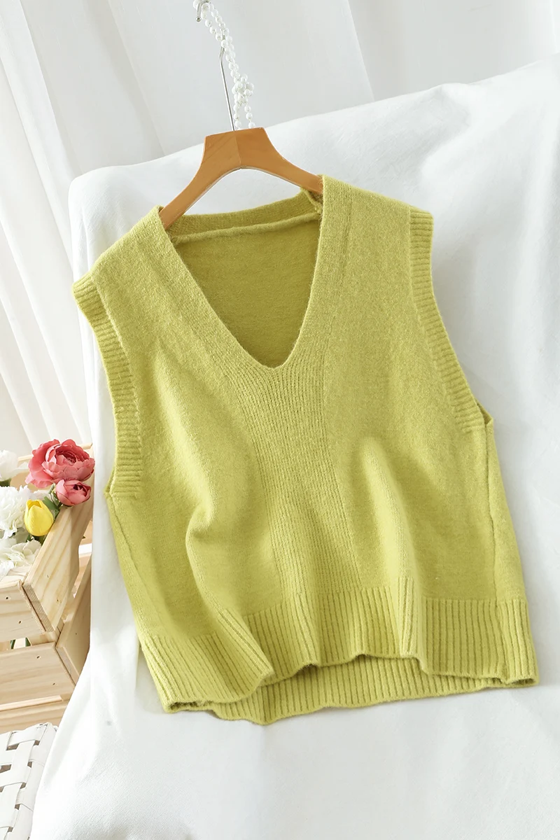 

Women Casual Chic Korean Crop Sweater New 2020 Spring Autumn Loose Sleeveless Soft Vest Pullover Ladies Knitted Pull Sweaters