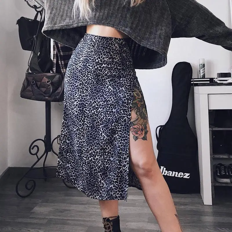 

Ladies new sexy leopard print summer dress female slit high waist floral skirt fashion tight-fitting cardigan beach skirt casual