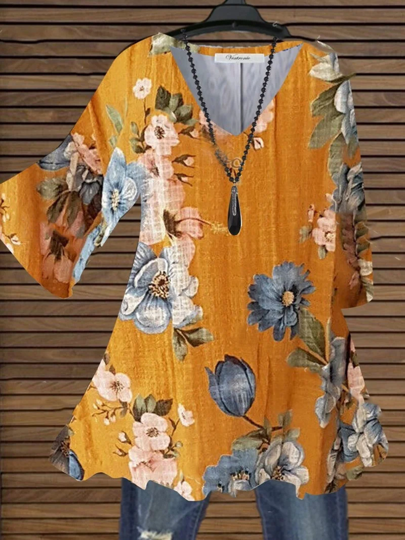 

Fashion Ladies Shirts Floral Printed Pullover Top Women Casual Shirt Loose V-Neck Half Sleeve Blouse Street Female Clothing 2XL