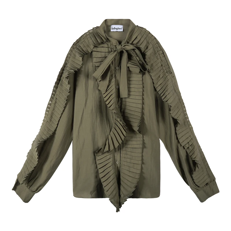 

Sleeve 2021 Long Stand Collar Pleated Blouse Women Lace Up Bow Design Single Breast Blusas Autumn Spring 2021 New Shirt