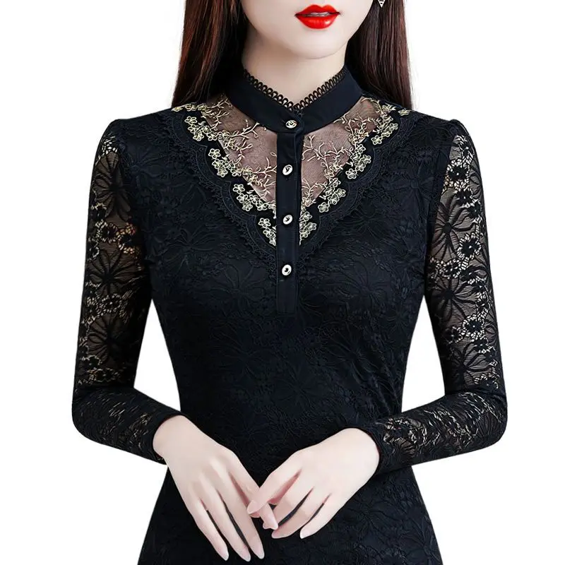 

Spring Autumn New Lace Women's Top Chemisier Femme Thin Black Slim Korean Base Coat Women's Long Sleeve Stand Collar Shirt 12980