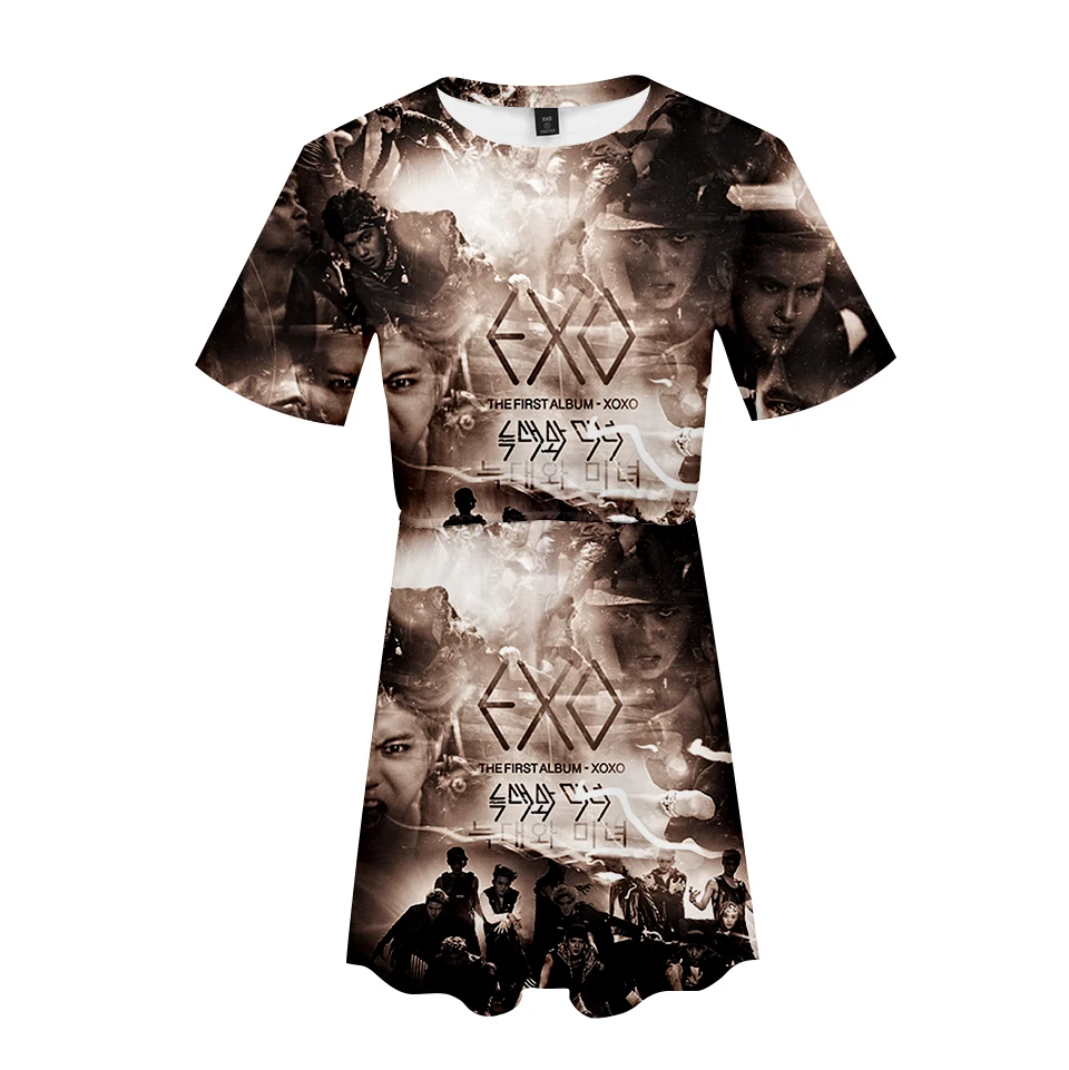 EXO южнокорейское однотонное летнее платье с коротким рукавом трендовая