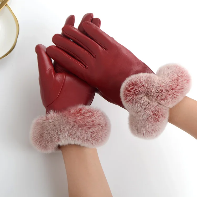 

98652 Female winter fashion 2018 ladies sheepskin Leather Gloves Warm velvet points Rex Rabbits Fur Glove Winter gloves women