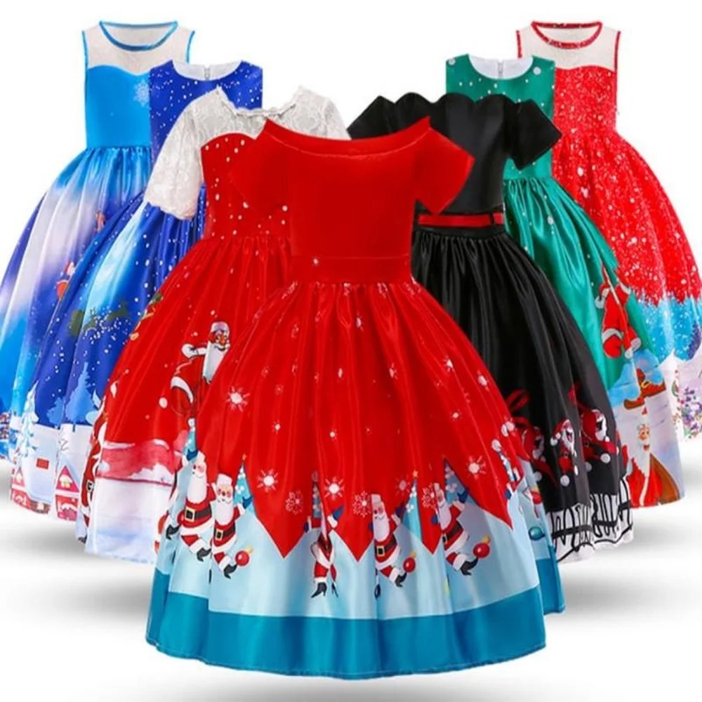 

Girls Lace Christmas Print Princess Skirt Short Sleeve Multicolored Corset Party Skirts Pleated Fashion Summer Dress Children