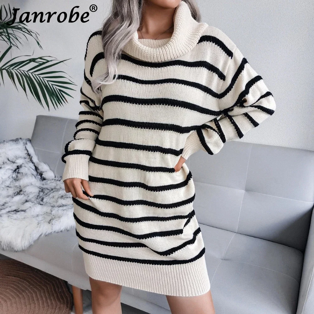 

Janrobe Knitted Long Sleeve Striped Loose Dresses Women Autumn Winter Basic Turtleneck Casual Sweaters Female Elegant Outwears