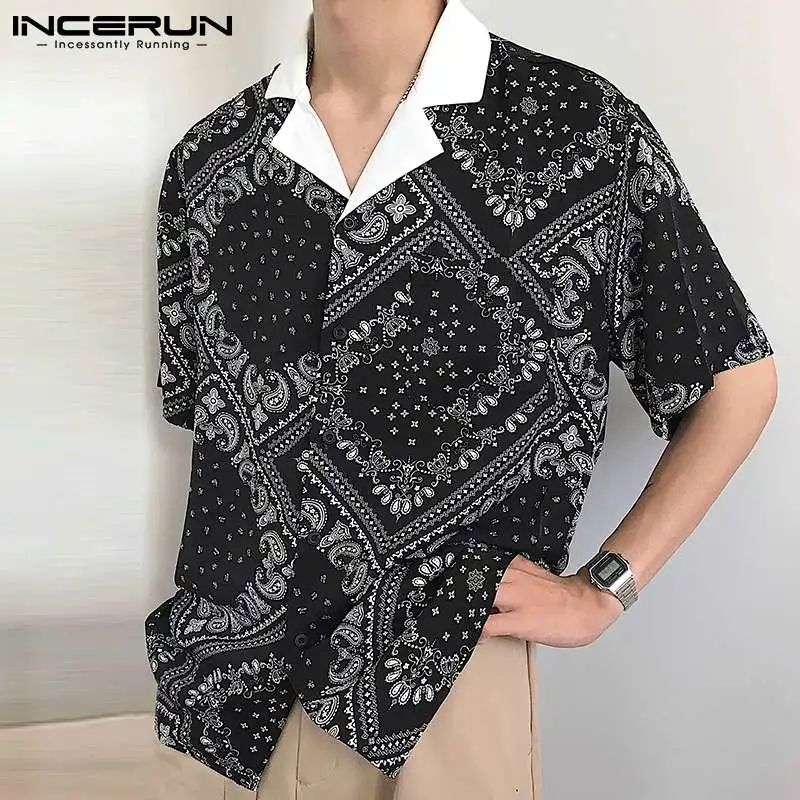 

2021 Men Casual Shirt Printing Turn Down Collar Short Sleeve Loose Streetwear Men Clothing Button Summer Camisas S-3XL INCERUN
