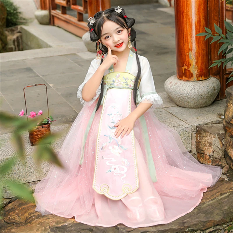 

Kids Photography Vintage Children Ancient Fairy Princess Cosplay Dress Chinese Style Girls Pink Floral Embroidery Hanfu