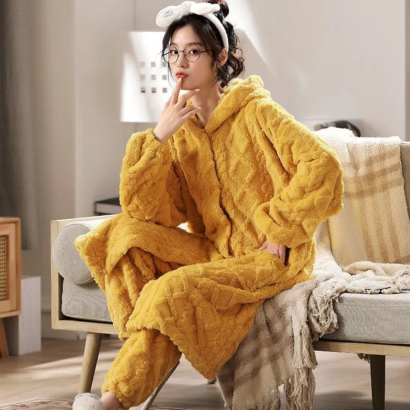 

Женский пижамный комплект, зимняя теплая фланелевая ночная рубашка, халат с длинным рукавом и штаны