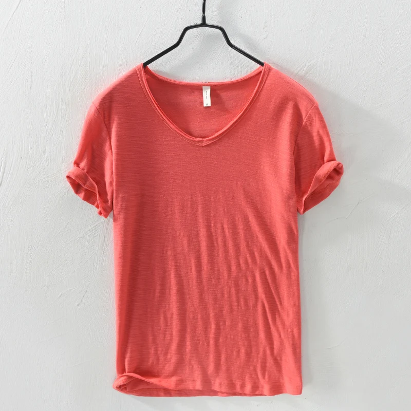 2020 Summer New 100% Cotton T-shirt Men V-neck Solid Color Casual T Shirt Basic Tees Plus Size Short Sleeve Tops Y2449 | Мужская одежда