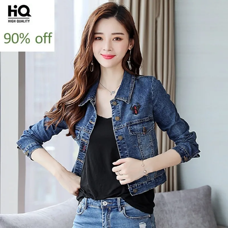 Весенняя Новинка женские короткие джинсовые пальто с вышивкой приталенная