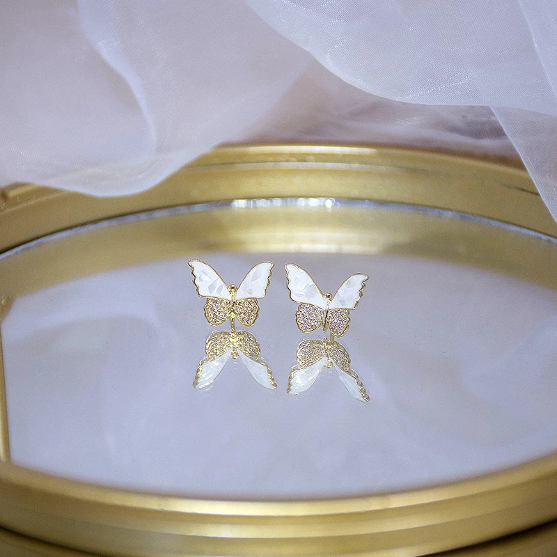 

New Trend 14K Real Gold Plated Beautiful Butterfly Earrings for Women Jewelry Zircon S925 Silver Needle Stud Weddings Party Gift