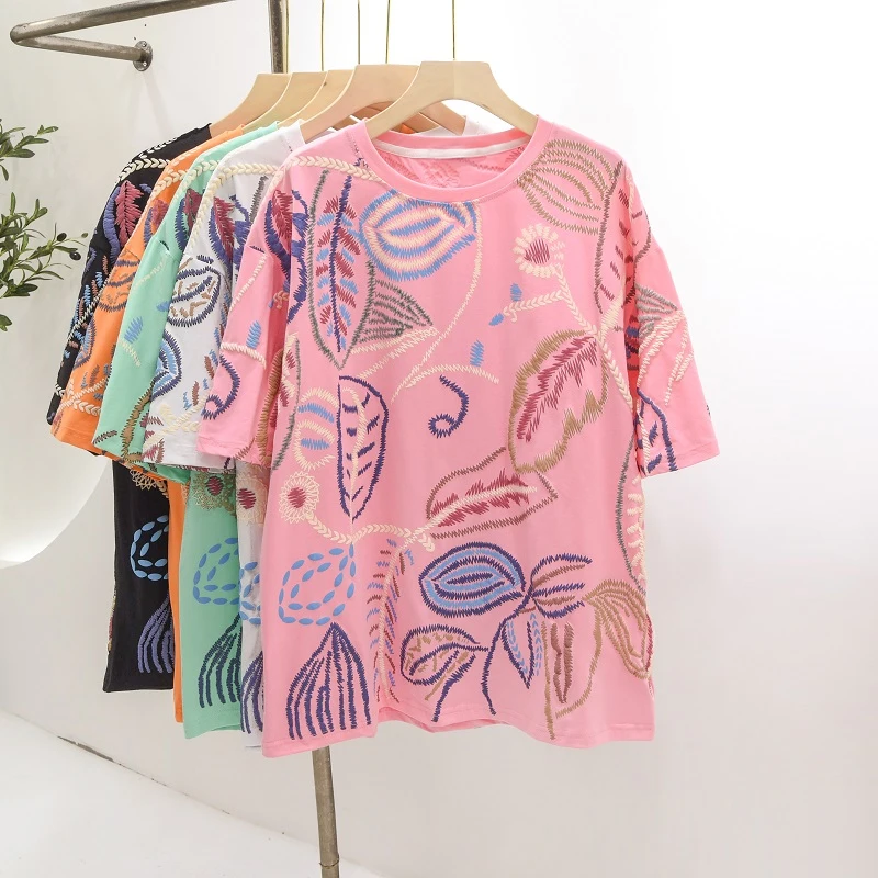 

Summer Women Quality Cotton Casual T Shirt Short Sleeve 2021 Large Size Crewneck Loose Streetwear Tee Top Pink