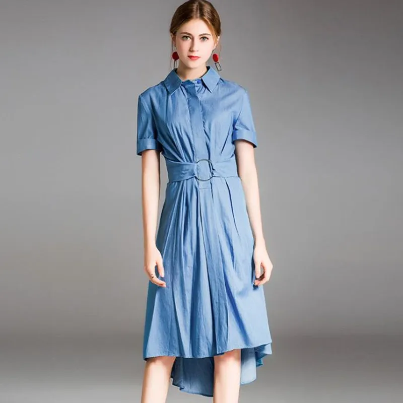 

new rregular women long dress solid color tencel denim short sleeve dress
