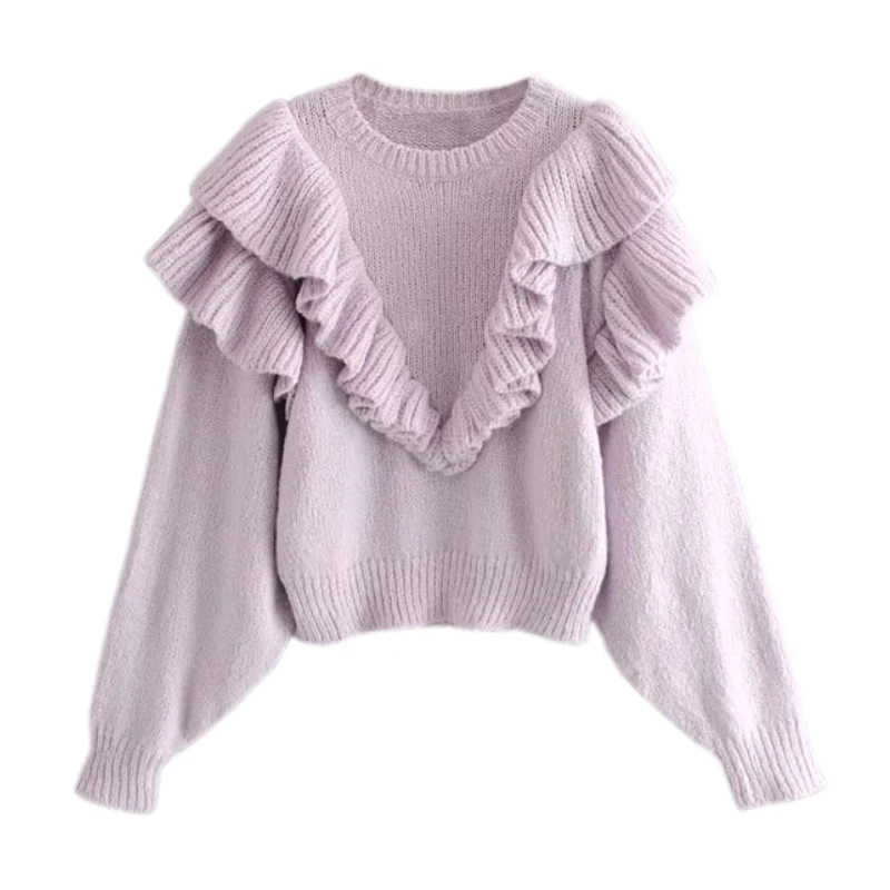 Женский милый гофрированный вязаный свитер с длинным рукавом и круглым вырезом