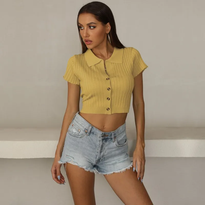 

Cross border summer new solid color Lapel short sleeve T-shirt women's European and American slim knit bottoming shirt