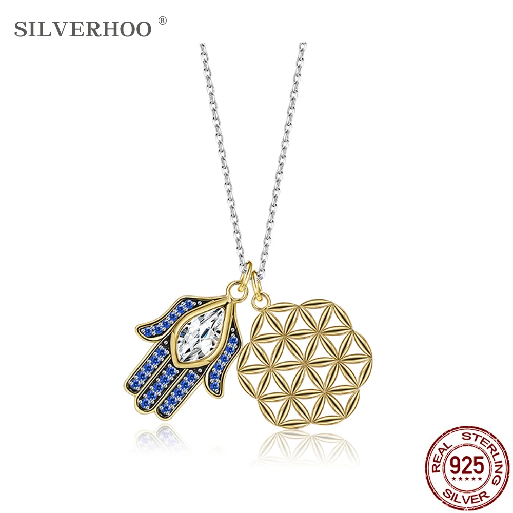 

SILVERHOO Sterling Silver 925 Jewelry Necklace For Women Demon Eye With Lucky Flower Pendant Necklaces Classic Birthday Gift