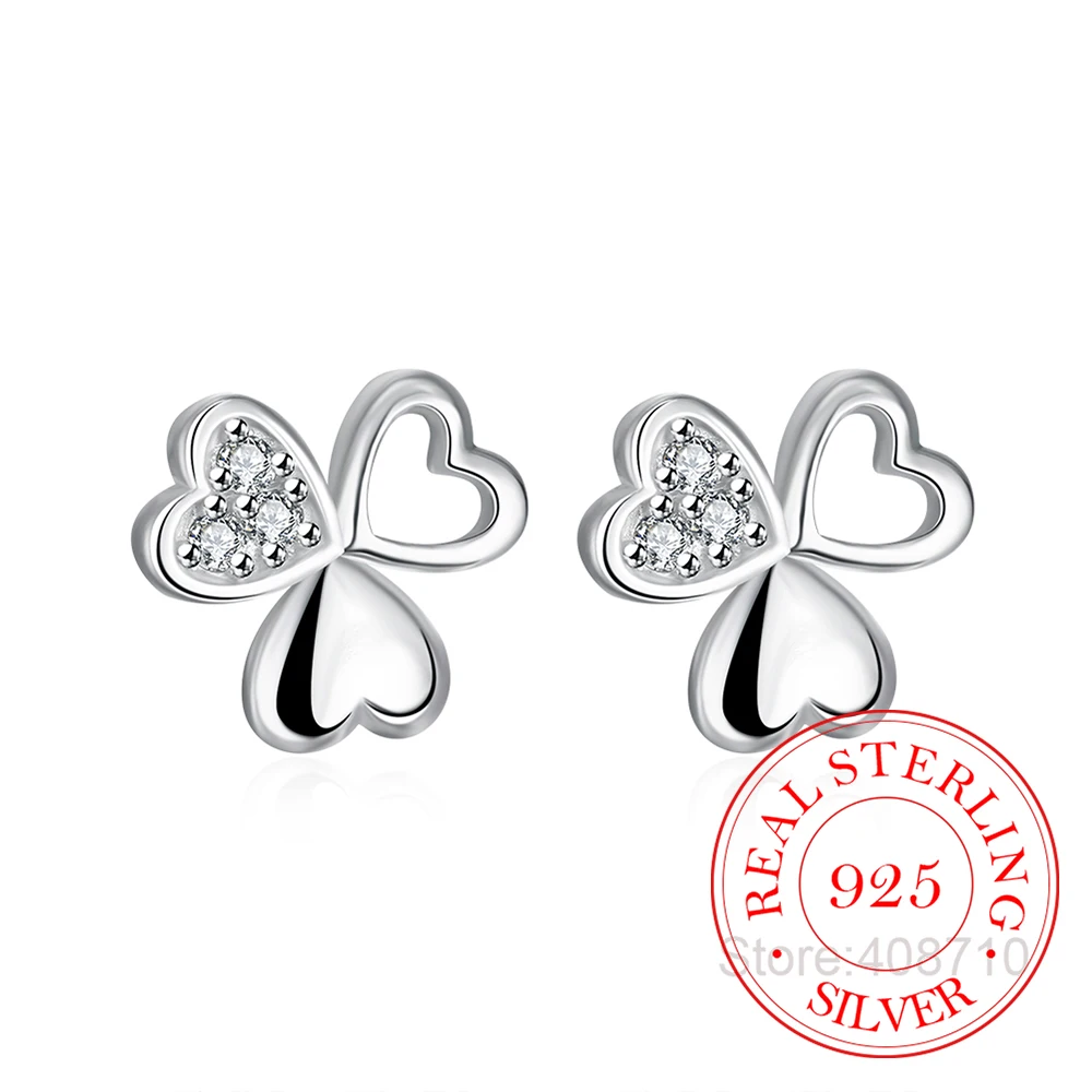 Минималистичные серьги гвоздики в виде клевера из настоящего стерлингового