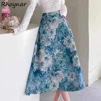women skirts summer print elegant mid calf painting tender high waist draped trendy french style vintage casual party dating new