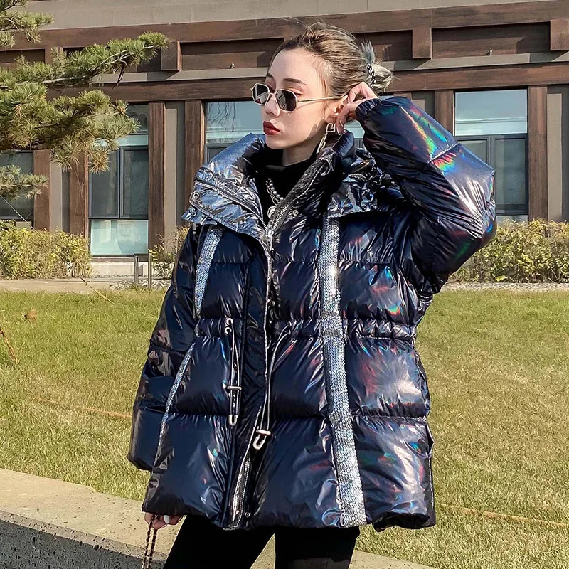 

Glossy Parker Women's Hooded White Duck Down Jacket Winter 2021 Loose Warm Outwear Thicken Ladies Windproof Down Coat Streetwear