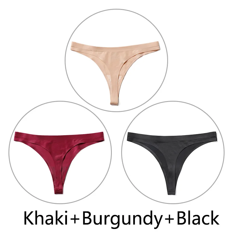 Khaki-Burgundy-Black 3 шт./партия, Сексуальные Бесшовные прозрачные трусики, женские трусики с низкой талией, трусики-стринги, нижнее белье, женские трусы-танга, стринги большого размера - Цвет: Khaki-Burgundy-Black