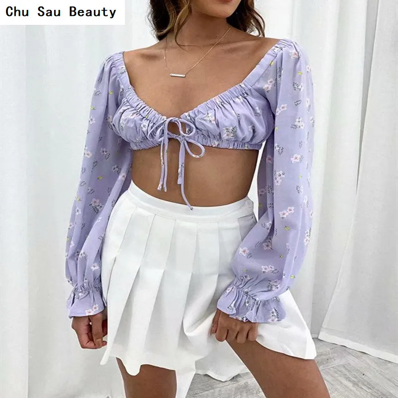 

Chu Sau Beauty 2021 Women's Beach Printed Shirt Ladies Long Sleeve Ruffle Short Top Summer New Sexy Purple Sweet Tops