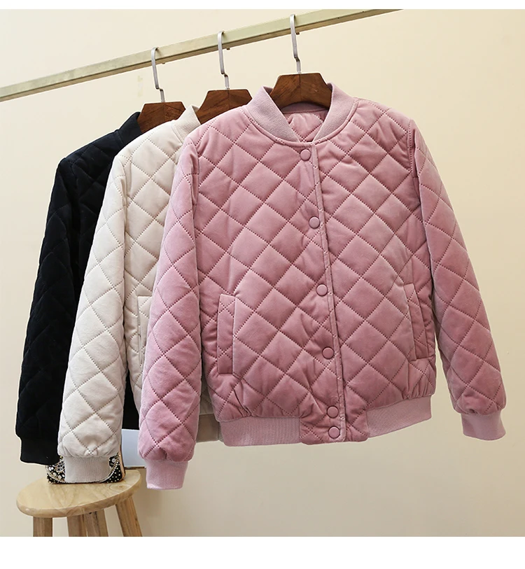 

2019 Winter Jacket Women O-neck Long-sleeved Korean Womens Parkas Single-breasted Pocket Outerwear Slim Cotton Padded Basic Tops