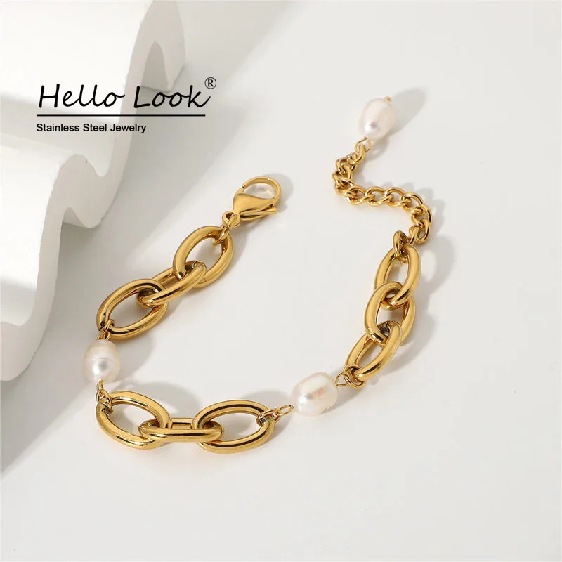 

HelloLook New Design Baroque Freshwater Pearl Bracelet Women 12mm Oval Chain Chunky Bracelet Jewelry Drop Shipping