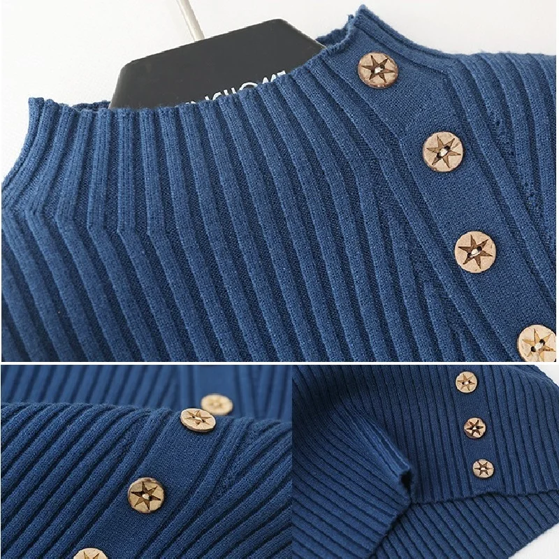 

Winter Ribbed Button Women Pullovers Cotton Long sleeve Schoolgirl Turtleneck Sweaters Autumn Soft Comfortable Stretch Jumpers