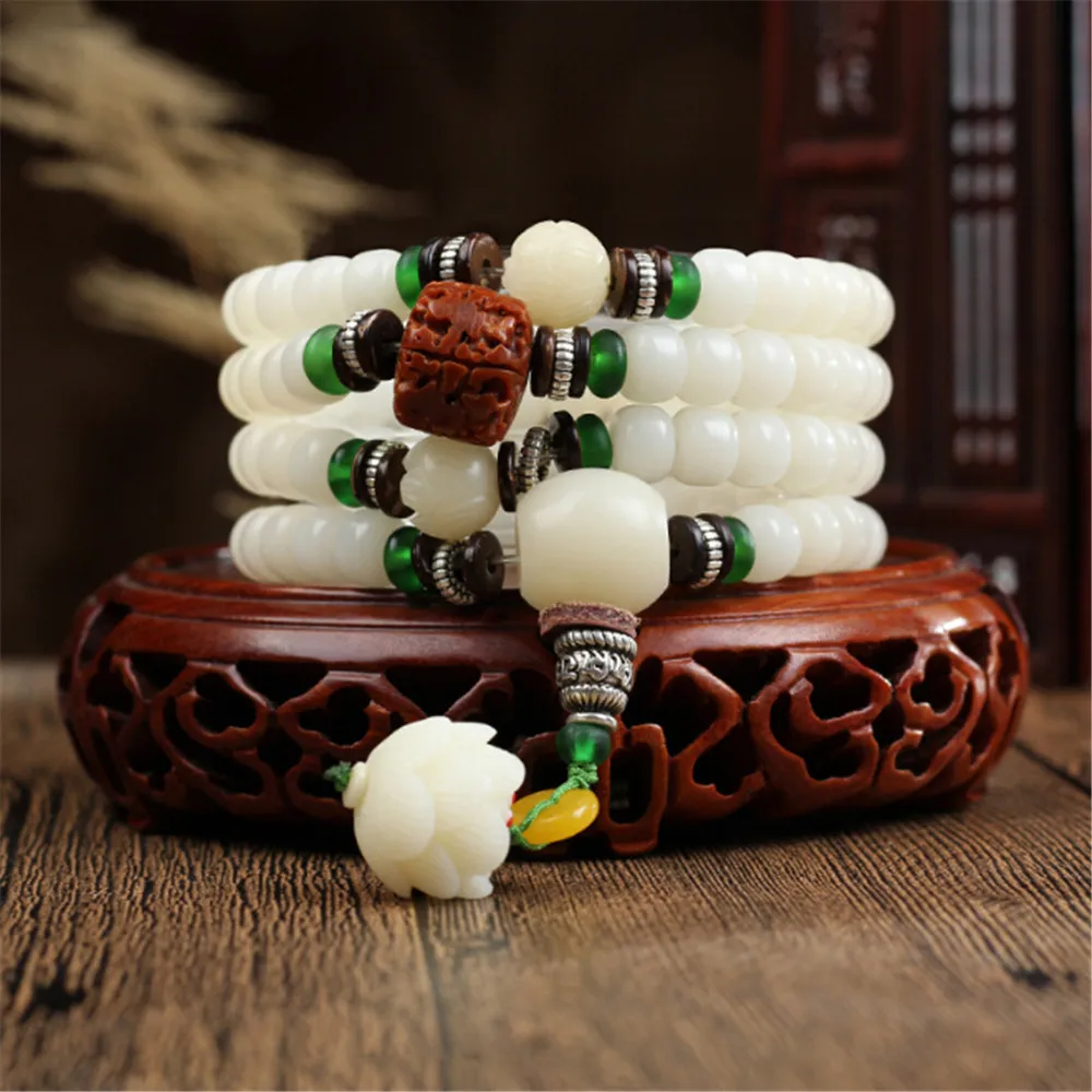 

New Design Natural White Bodhi Root 108 Strand Bracelet or Yoga Prayer Necklace Carved Lotus Rudraksha 108 Beads Mala Dropship