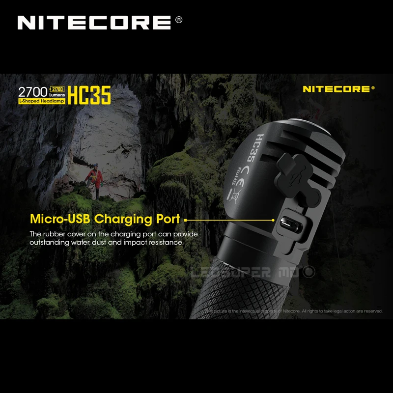 Pаспродажа 2700 люмен Nitecore HC35 4 X CREE XP-G3 S3 светодиодов следующего поколения 21700 L-образный налобный фонарь с 4000 мА/ч, Батарея
