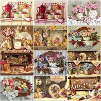 chenistory pictures by number tea cup set handpainted home decoration oil painting by number flower teapot drawing canvas wall a