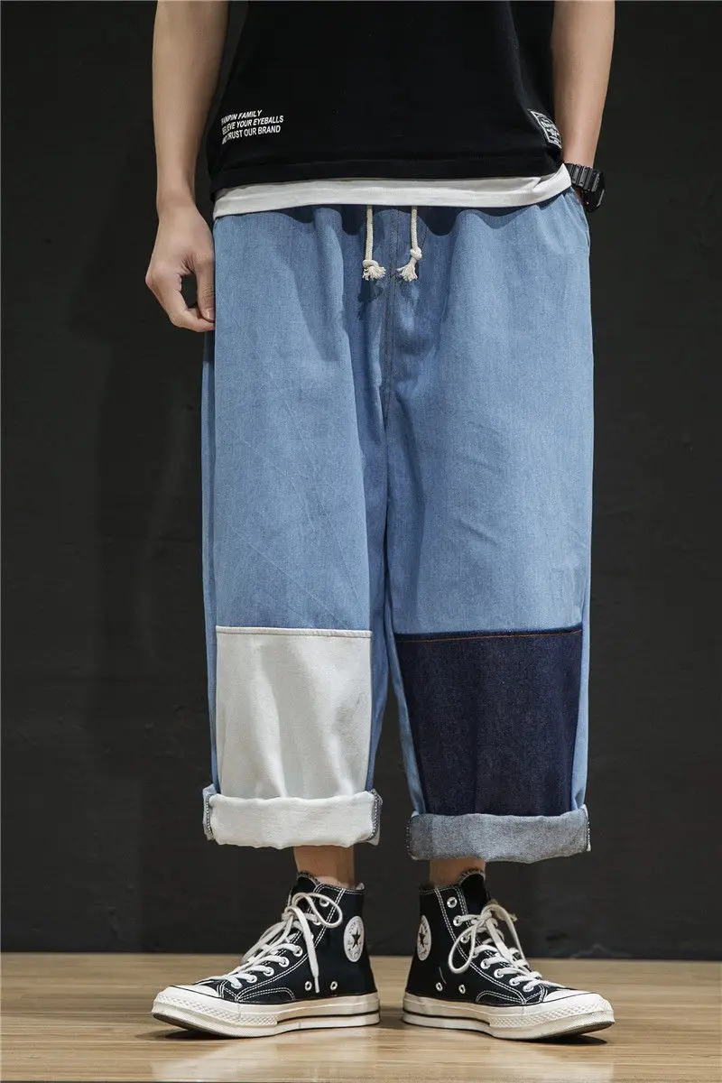 

IEFB Japanese Style Drawstring Denim Trousers For Men 2021 New Casual Wide Leg Contrastc Color Patchwork Vintage Workwear Jeans