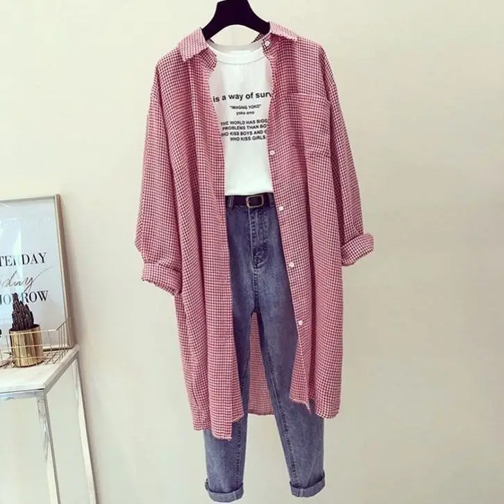 

2021 Women Fashion New Summer Loose Thin Long Sleeve Blouse Female Lapel Plaid Pocket Sun-protective Shirts Kimono Cardigan L494