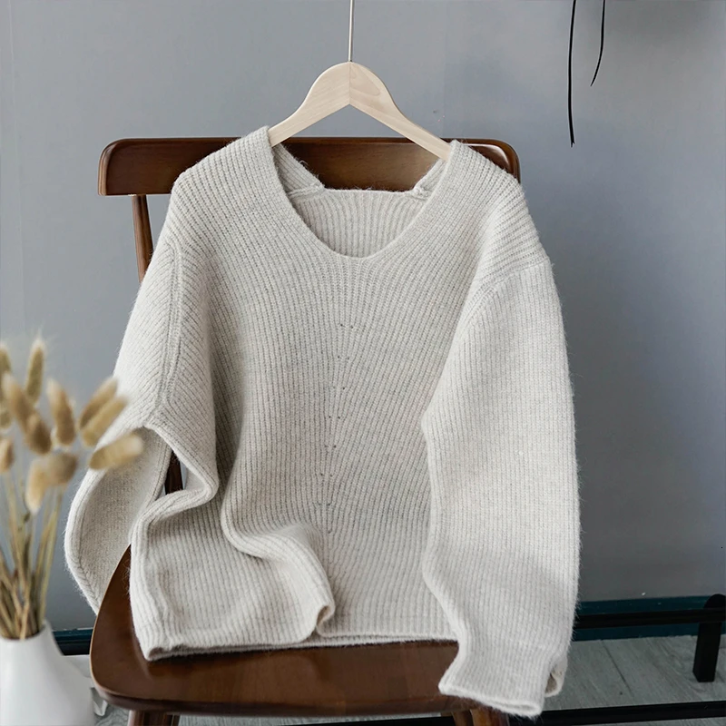 Женский вязаный свитер Lazy Wind теплый толстый розовый пуловер с v-образным вырезом