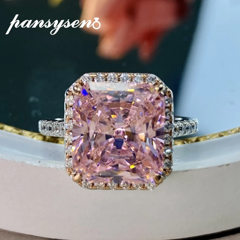

PANSYSEN 100% Серебро 925 ювелирные изделия, кольца для женщин, создан Муассанит розовый кварц камень Коктейльные Вечерние обручальное кольцо опто...