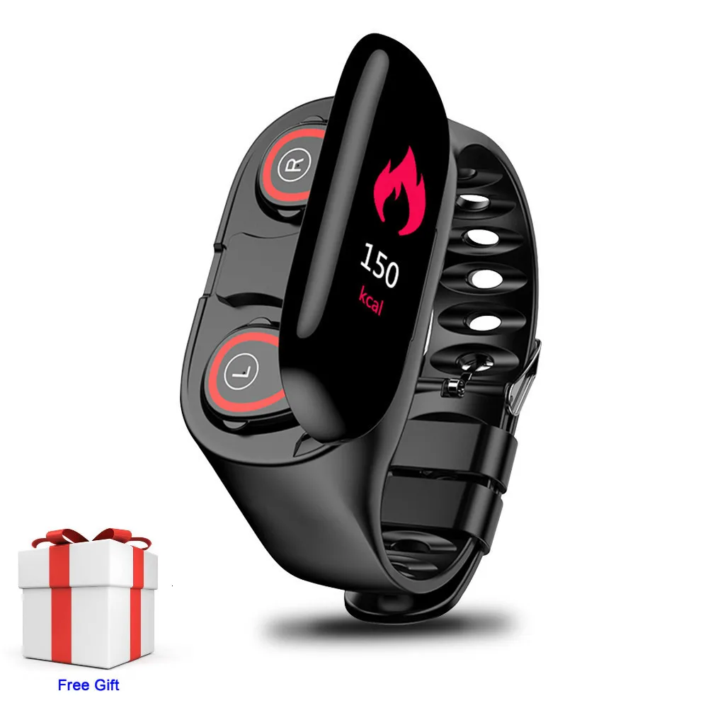 black with gift M1 Bluetooth фитнес-браслет с Tws наушниками монитор сердечного ритма стерео наушник гарнитура фитнес-монитор сердечного ритма браслет - Цвет: black with gift