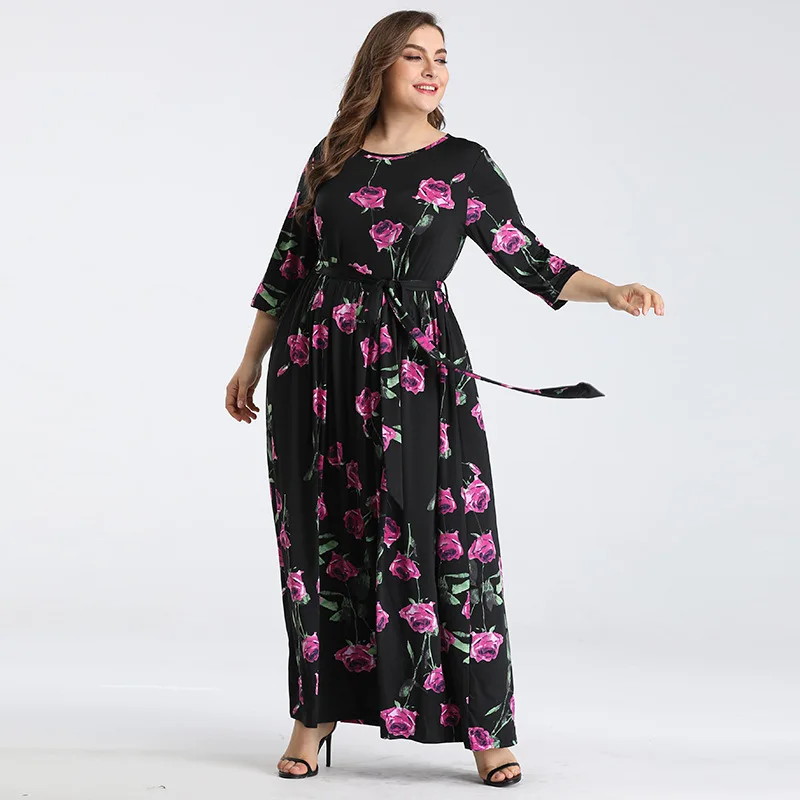 Женский офисный костюм большого размера длинное черное платье с розами размеры L