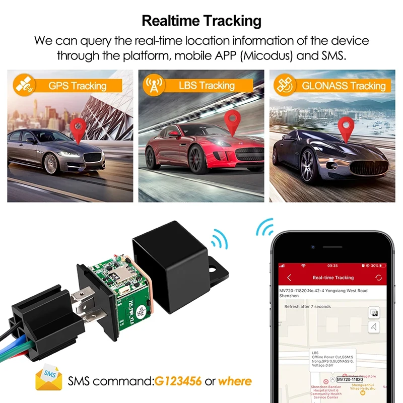 

Mini GPS Relay GPS Tracker Car MV720 9-90V Cut Off Fuel Vehicle Tracker Vibrate Overspeed Alert Geofence Free APP PK