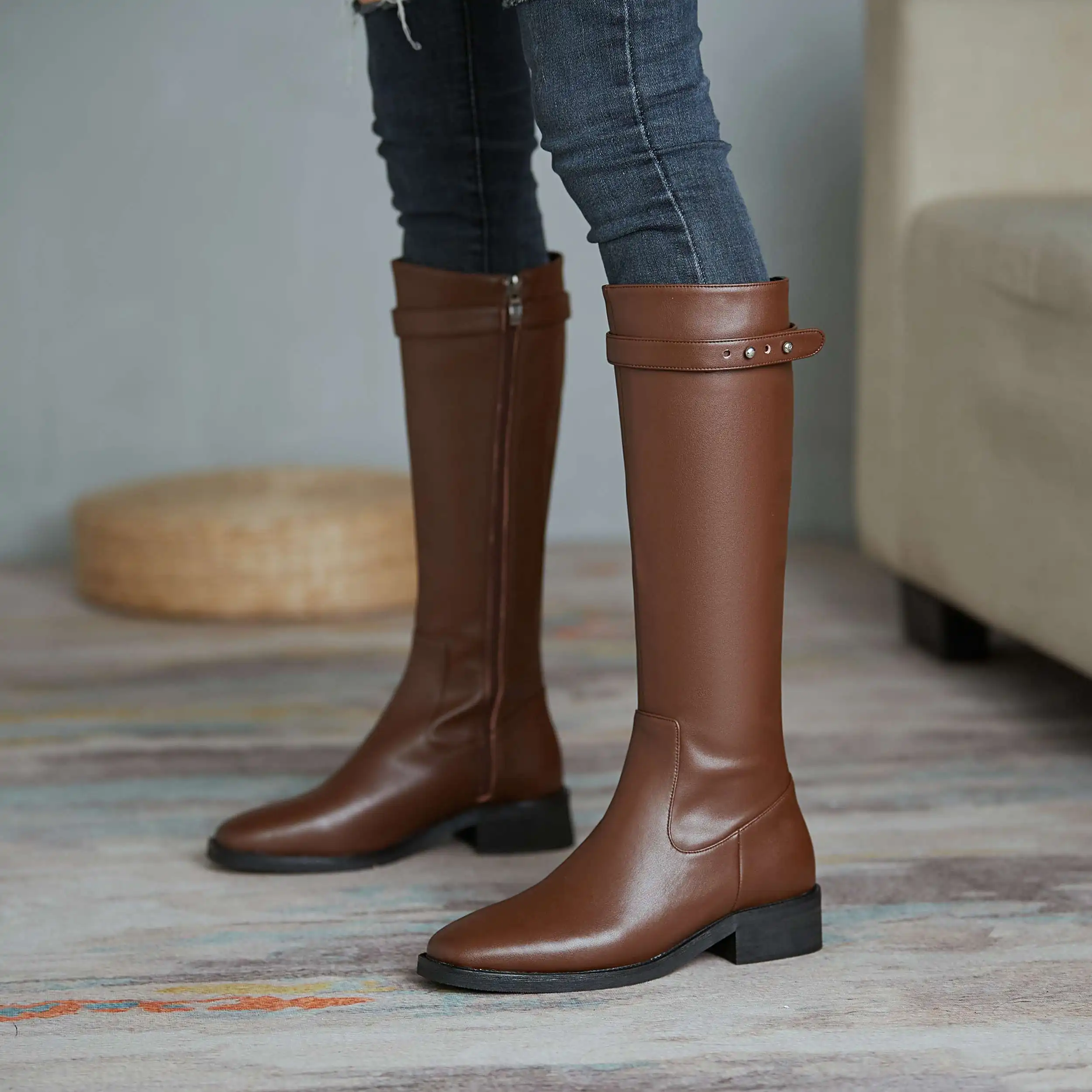 

Vichelo Hot 2021 newest style split leather belt buckle square toe thick med heel zipper pretty girls dress knee-high boots L92