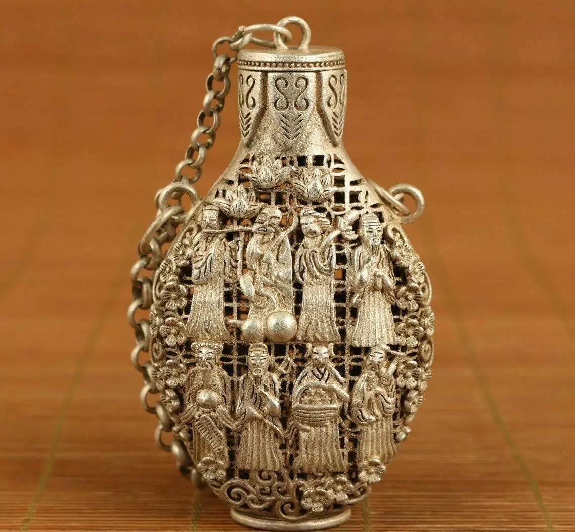 

Китайский Старый тибетский серебряный полый резной 8 бессмертных табак бутылка netsuke коробка