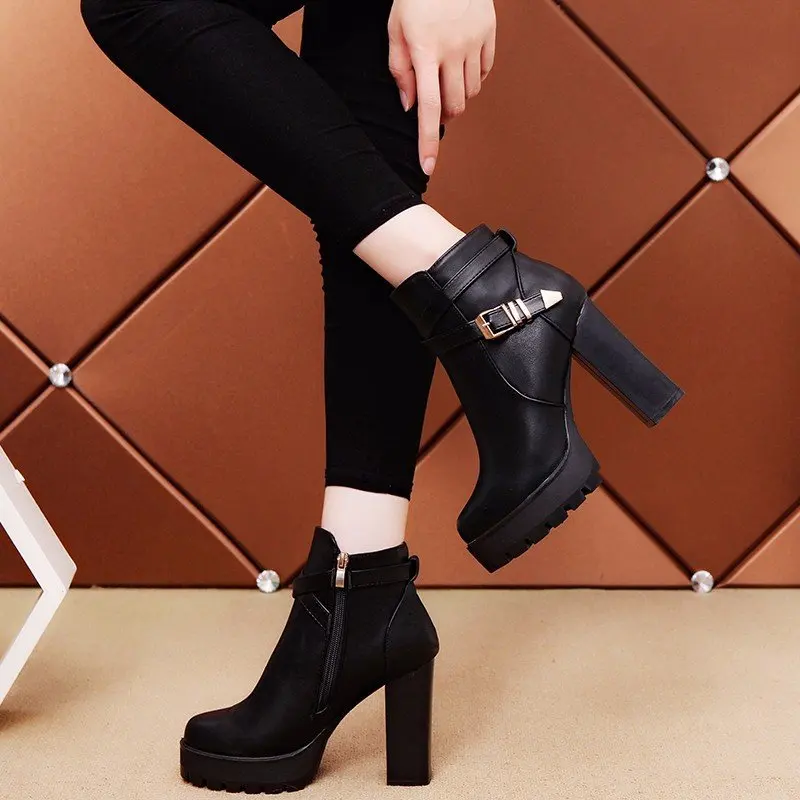 

Boots Women 2020 New Motorcycle shoes Square thick heel Ankle Boots Platform Shoes zipper Buckle Women Super High Heels Boots