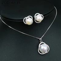 zhboruini fashion necklace pearl jewelry set freshwater pearl 925 sterling silver zircon pearl earrings pendant for women gift