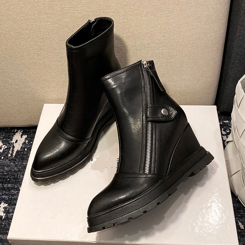 

EGONERY Women winter New Style Slope Heel ankle boots Genuine Leather Fashion Concise Comfortable Pointed Toe Solid color