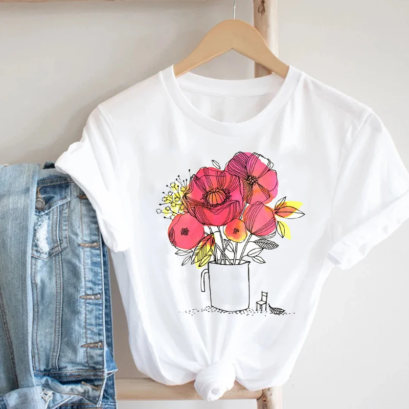 

Women's Love Green Plant Flowers Cute Short-sleeved Summer Printed T-shirt Women's O-neck Pullover Blouse Pattern Short Sleeves