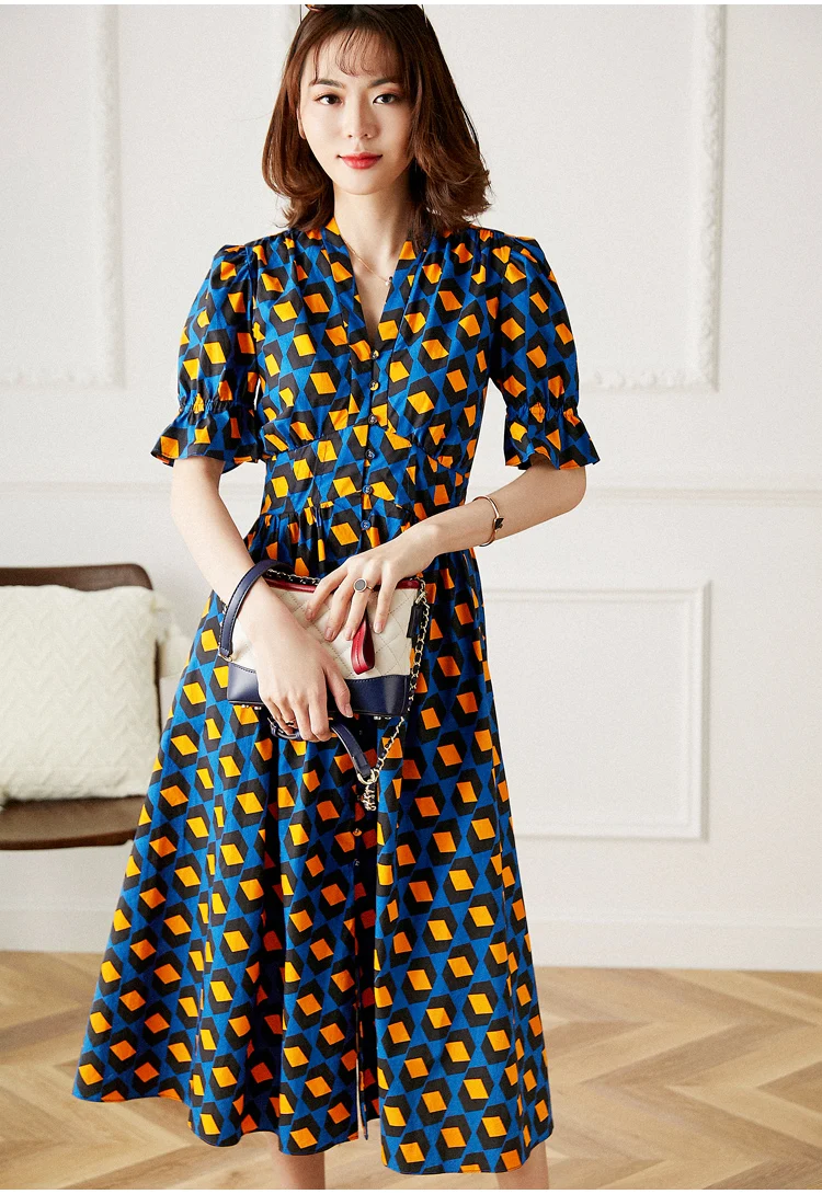 

Платье-трапеция с рукавами-бутонами, хлопковое платье средней длины в клетку с коротким рукавом, женская одежда, Новинка лета 2021